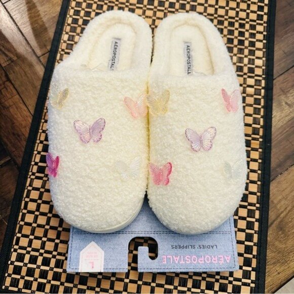 Aeropostale Cream Sherpa Slippers Size 9-10 | Cozy Cabin Butterfly Cottagecore - Picture 10 of 10